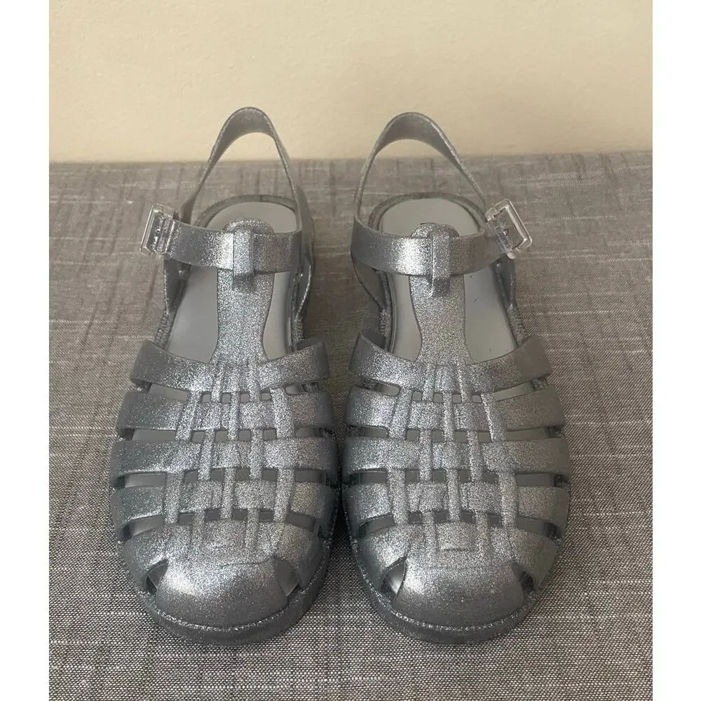 New Melissa Possession Girls Size 5 Silver Glitter Jelly Sandals